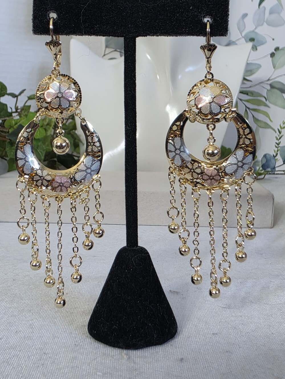 Tricolor Gold Filled Floral Chandelier Earrings Dangle Drop Filigree Leverback - Picture 3 of 10